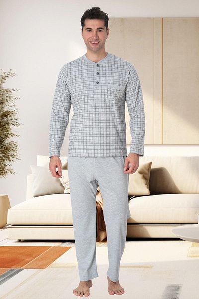 Mecit Pijama Mecit 22759 Γκρι Şardonlu Χειμερινό Σετ Ανδρικές Πιτζάμες Plus Size