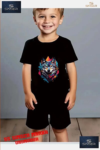 SS SİNSER Children's "Back Painted Wolf" Special Printed Crew Neck T-Shirt - ...