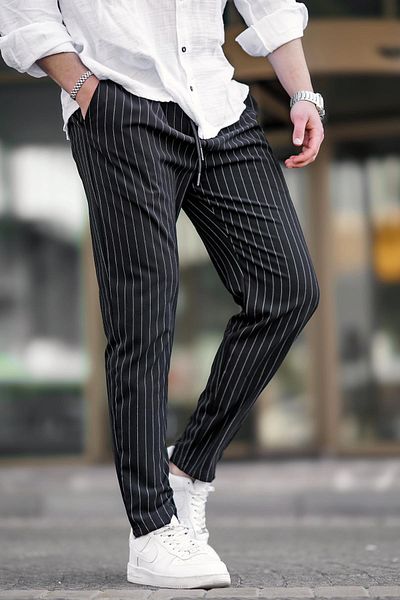 Madmext Black Striped Men's Fabric Trousers 6537