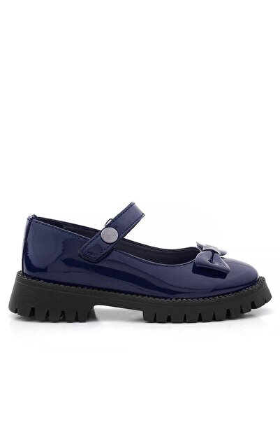 Rakerplus Navy Blue Patent Leather Velcro Thick Sole Metal Detailed Girls' School Shoes