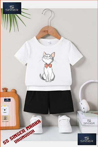 SS SİNSER Tricou cu gât rotund cu imprimeu special pentru copii „CAT BLACK PE...