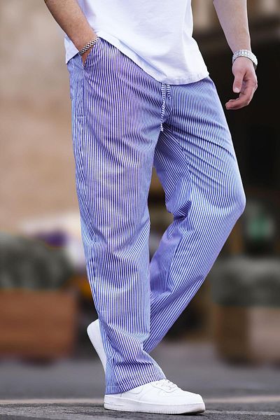 Madmext Navy Blue ντραπέ ριγέ παντελόνι - Ρυθμιζόμενη μέση, φαρδύ πόδι 6541