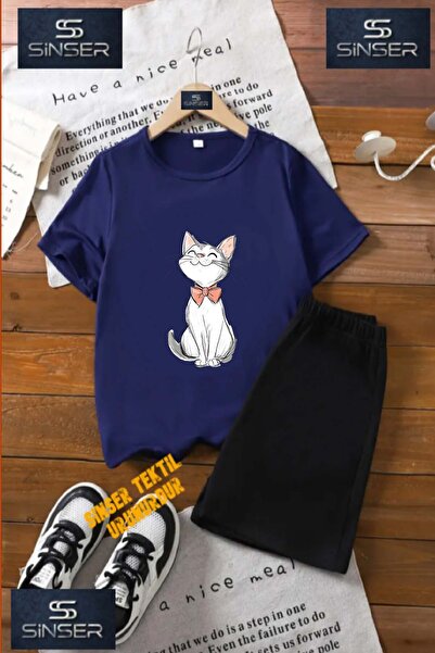 SS SİNSER Tricou cu gât rotund cu imprimeu special pentru copii „CAT BLACK PE...