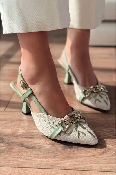 Melek Tuna Women's Linen Open Back Heels, Leaf Embroidery Women's Heels, Stylish Heels