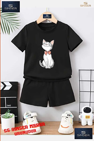 SS SİNSER Tricou cu gât rotund cu imprimeu special pentru copii „CAT BLACK PE...