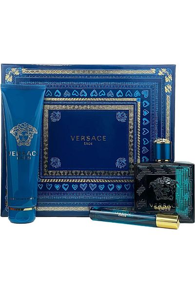 Versace 3-Piece Set for Men Eros 100ml Eau de Toilette Spray + 150ml Shower Gel + 10ml Travel