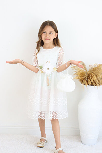 FESSHERA 💜 Σετ φόρεμα με δαντέλα με μαργαριτάρια για κορίτσια (περιλαμβάνεται τσάντα + ζώνη) 💜