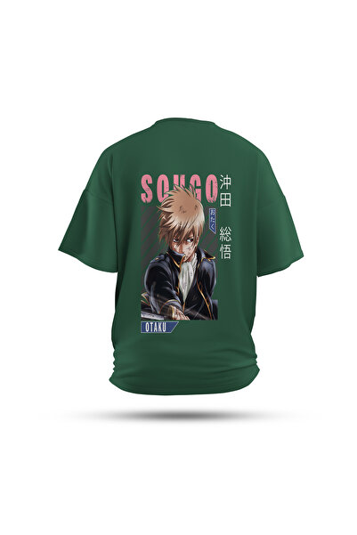 Zestia تي شيرت للجنسين، طباعة خلفية جينتاما أنمي، عادي، قطن 100%، تي شيرت أخضر رقم: 00131