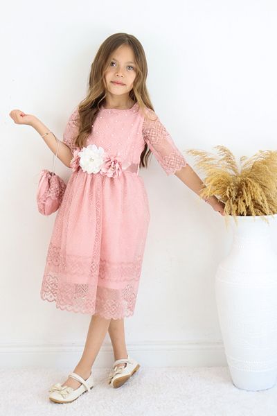 FESSHERA 💜   Girl's Special Design Pearls Lace Dress Set (Bag + Belt Included) 💜