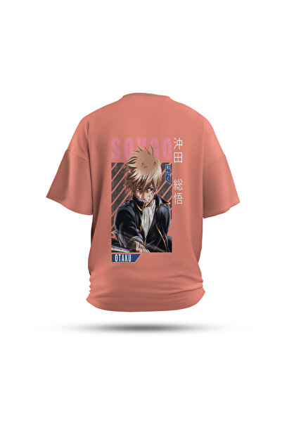 Zestia تي شيرت للجنسين، طباعة خلفية جينتاما أنمي، عادي، 100% قطن، تي شيرت سلمون رقم: 00131