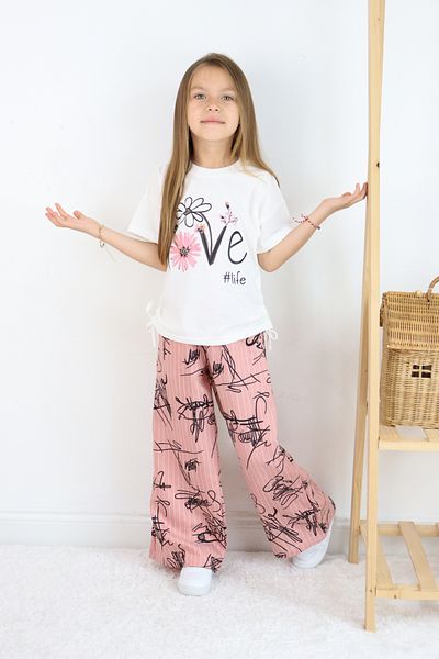 FESSHERA 🌸   Girl''Love # Life'' Printed T-Shirt & Striped Patterned Loose Pants Set 🌸