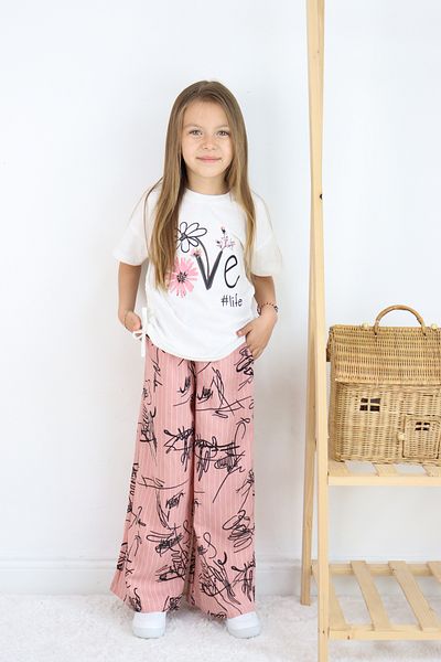 FESSHERA 🌸   Girl''Love # Life'' Printed T-Shirt & Striped Patterned Loose Pants Set 🌸