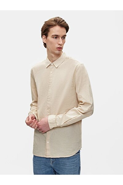 Ltb Relaxed Linen Look Long Sleeve Shirt Collar Beige Shirt