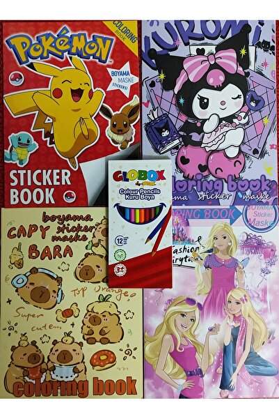 ada çanta kırtasiye 4 adet stickerli boyama kitabı ve 12 li kuru boya kalemi ...