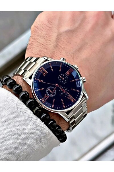 İSTLİV Men's Analog Wrist Watch with Navy Blue Dial and Silver Cord - with Br...