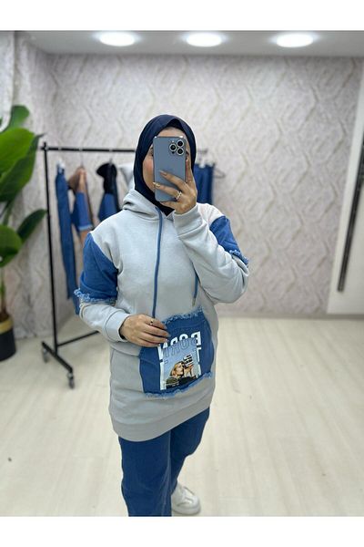 zümrüt moda Hooded Tunic and Trousers with Denim Detail - Winter Jeans Set 1769