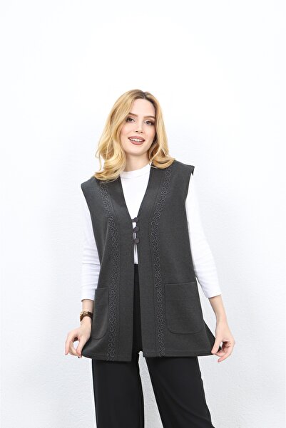 Özenli Triko Mother's Vest - Steel Knit, Cordon Embroidered, 3 Buttons, Anthracite