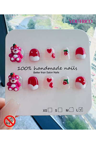 Youtrico أظافر أطفال لاصقة مصنوعة يدويًا بنسبة 100% على شكل رأس دب فراولة أخض...