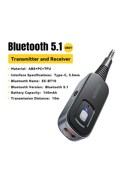 Choice GRAY Essager 2 in 1 Wireless Bluetooth 5.1 Receiver Transmitter 3.5mm Jack For Car Music Audio AUX