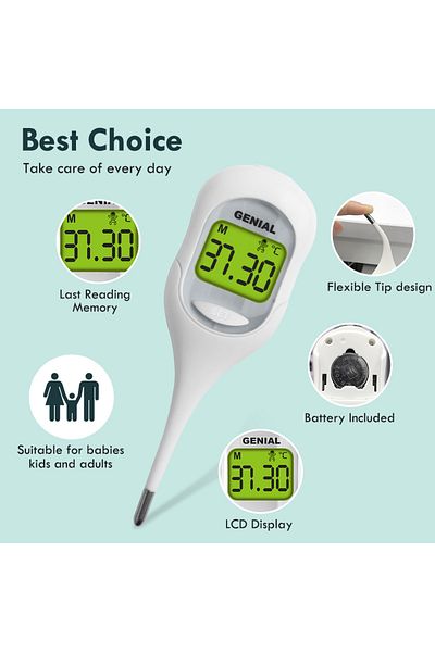 Choice ميزان حرارة أساسي رقمي لمدة 9 ثوانٍ للبالغين والأطفال - ميزان حرارة فموي دقيق مع خاصية قياس الحمى