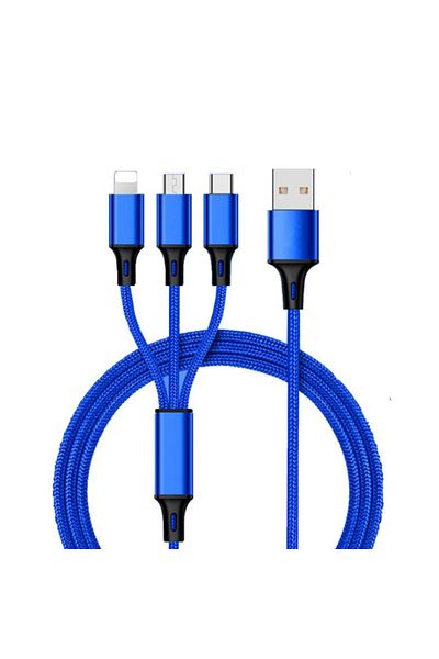 DIXSG كابل بيانات Blue One Drag Three لأجهزة Apple Android Typec 3 في 1 شحن سريع 1.2 متر من النايلون المجدول مريح
