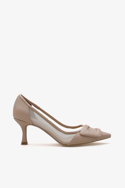 LOJO Women's Tulle Detailed Buckle Pointed Toe Daily Stiletto Ninka Ecru