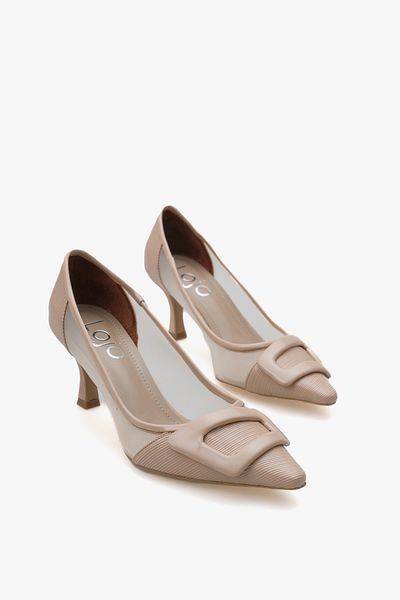 LOJO Women's Tulle Detailed Buckle Pointed Toe Daily Stiletto Ninka Ecru