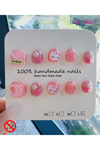 Youtrico أظافر أطفال لاصقة مصنوعة يدويًا بنسبة 100%، هالو كيتي، لون أخضر قمري...