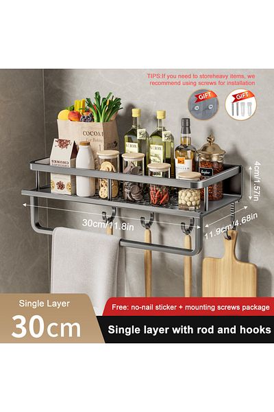 Choice gray-30cm-rod 1/2Pcs No Punch Spice Rack Wall Mounted Kitchen Spice Organizer with Hook Rod Seasonin