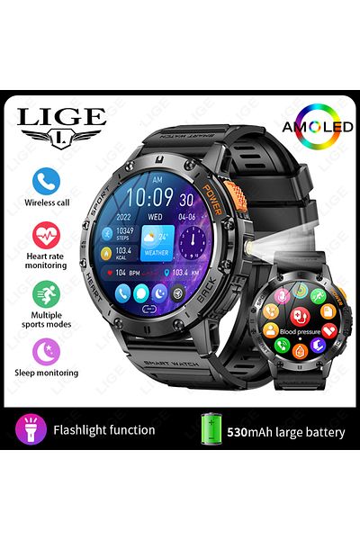 Choice Black LIGE 466*466 HD Screen Smart Watch Bluetooth Call Outdoor Sports Men Smartwatch With Flashligh