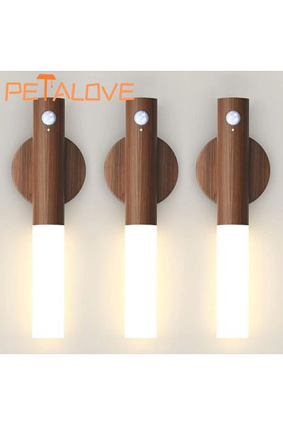 Choice Brown 3PCS Motion Sensor LED Night Light Rechargeable Wall Sconces Magnetic Wall Lights Wooden Wall