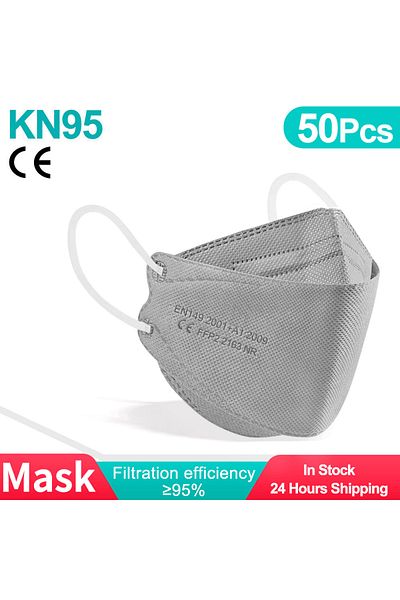 YUKUI 50 قطعة - رمادي - للبالغين 10-100 قطعة من أقنعة الوجه FFP2 المعتمدة من CE FPP2 للاستخدام مرة واحدة KN95 KF94 للوجه M