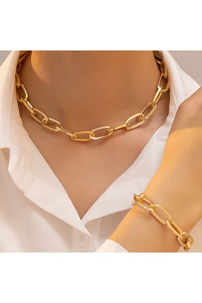 Choice طقم T258 مكون من قطعتين من قلادة وسوار بسلسلة وصل ذهبية اللون، سوار بانك بسلسلة وصل كبيرة، دبي وأفريقيا
