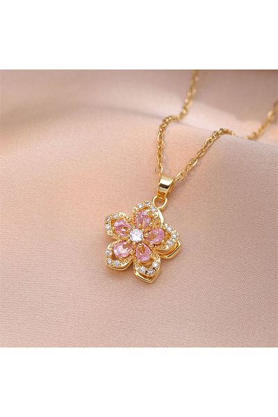 RINHOO FRIENDSHIP NC24Y0051 Shiny Zircon Romantic Flower Pendant Necklace For Women Gold Plated Rotatable Flowers Chok