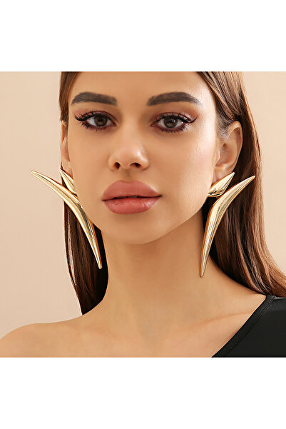 Choice أقراط ذهبية طويلة منحنية بتصميم هندسي مبالغ فيه، جماليات عصرية، معدن سميك على شكل مثلث