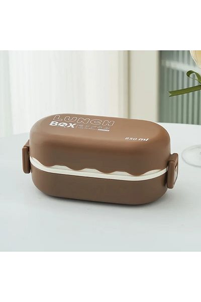 Choice Brown 850ML Double Layer Bento Box Large Capacity Microwavable Sealed Lunch Box with Tableware for O