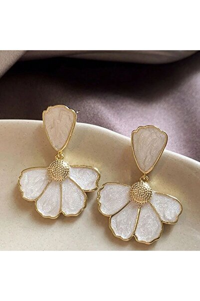 Choice أقراط متدلية من الإيبوكسي الكريمي على شكل زهرة كورية EH4790 للنساء، أقراط ذهبية اللون ثقيلة D