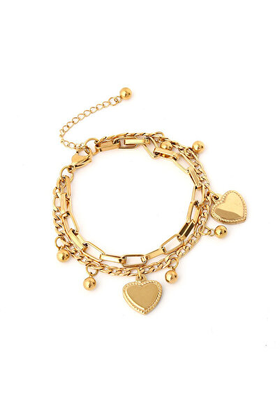 Choice 2061-سوار نسائي ذهبي بسيط وعصري من المعدن مزدوج الطبقات مع قلادة حب، قطعة واحدة