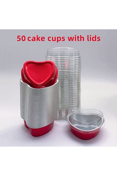 Choice Red 50pcs Heart-Shaped Aluminum Foil Cake Cups with Lids,Heat Resistant Baking Cups,Pudding Cupcake