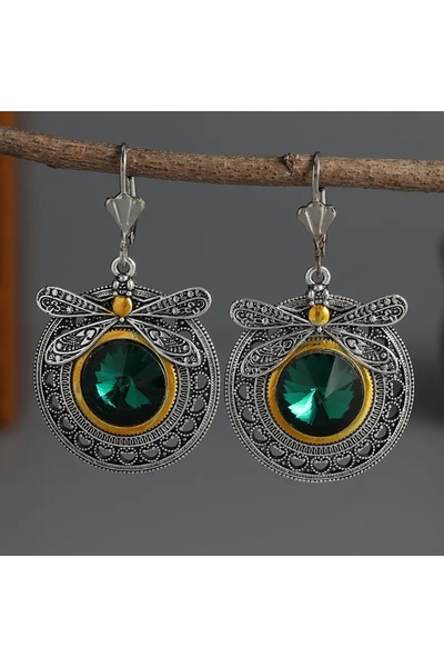 Choice أقراط E1241-1 بتصميم عرقي عتيق من الكريستال الأخضر على شكل يعسوب، مجوه...