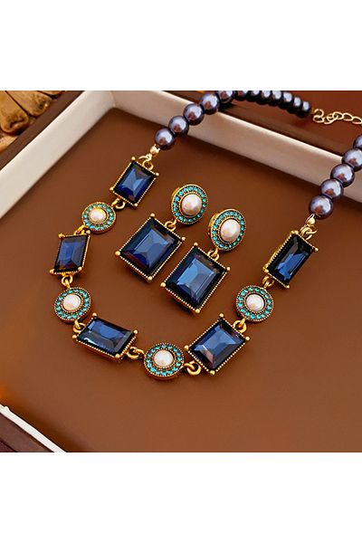 Choice set 3 Pcs Dark Blue Rhinestone Square Pearl Necklace for Women Medieval Vintage Collarbone Chain Exq