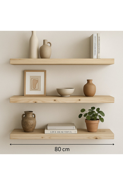 Prestij Banyo 80 cm Masif Çam Ahşap 3'lü Uçan Raf | Dekoratif Kitaplık, Çiçek...