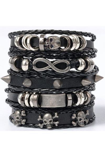 Choice B03-E 4/5/6pcs Evil Eye Wing Star Skull Diy Braided Punk Style Bracelet Set, Featuring Pu Leather An