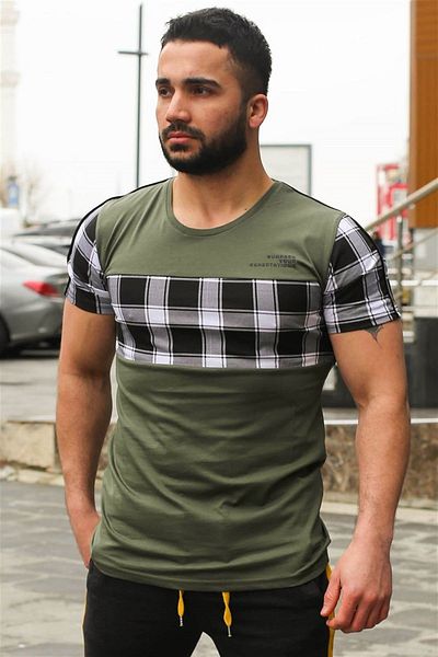 Madmext Μπλουζάκι Χακί καρό Crew Neck 3004