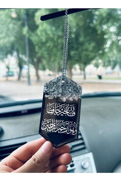 Roza تعليقة لزينة السيارة من وجه واحد مطرزة بورق الفضه واللون الاسود