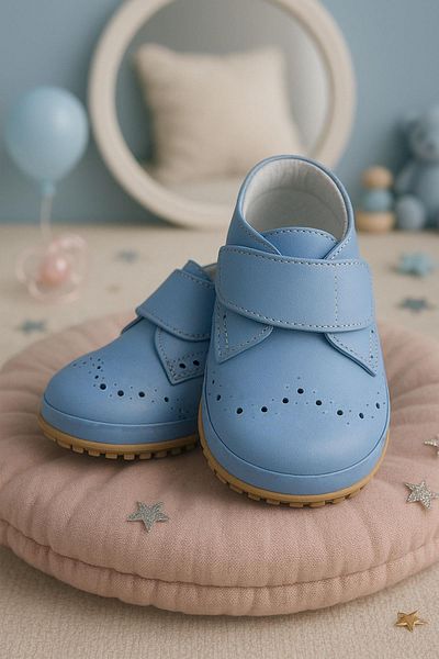 hapshoe Genuine Leather Blue Velcro Baby Booties