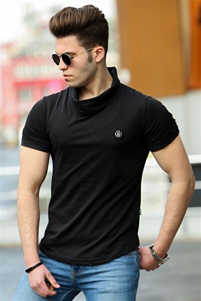 Madmext Ανδρικό μπλουζάκι με γιακά σάλι μαύρο 4554