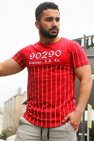 Madmext Crew Neck Stripe Detailed Red T-Shirt 2863
