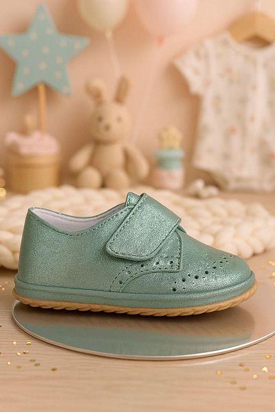 hapshoe Genuine Leather Green Glittered Velcro Baby Booties