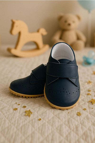 hapshoe Genuine Leather Navy Blue Velcro Baby Booties